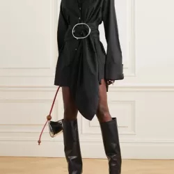 Belted Buttoned Long Sleeves Loose Lapel Shirt Dress Mini Dresses