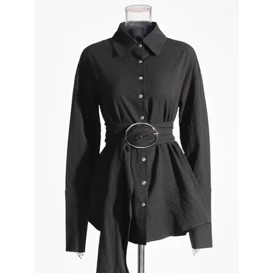 Belted Buttoned Long Sleeves Loose Lapel Shirt Dress Mini Dresses Belted Buttoned Long Sleeves Loose Lapel Shirt Dress Mini Dresses