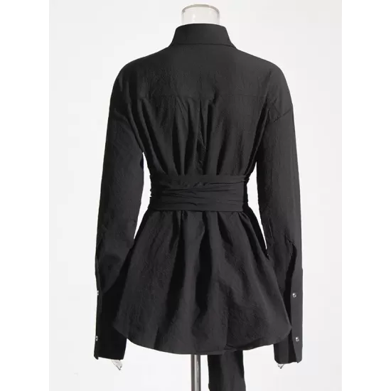 Belted Buttoned Long Sleeves Loose Lapel Shirt Dress Mini Dresses Belted Buttoned Long Sleeves Loose Lapel Shirt Dress Mini Dresses