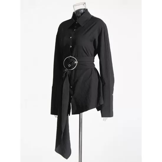 Belted Buttoned Long Sleeves Loose Lapel Shirt Dress Mini Dresses Belted Buttoned Long Sleeves Loose Lapel Shirt Dress Mini Dresses