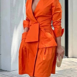 Long Sleeves Solid Color Tied Waist Deep V-Neck Mini Dresses