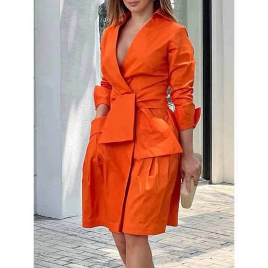 Long Sleeves Solid Color Tied Waist Deep V-Neck Mini Dresses Long Sleeves Solid Color Tied Waist Deep V-Neck Mini Dresses