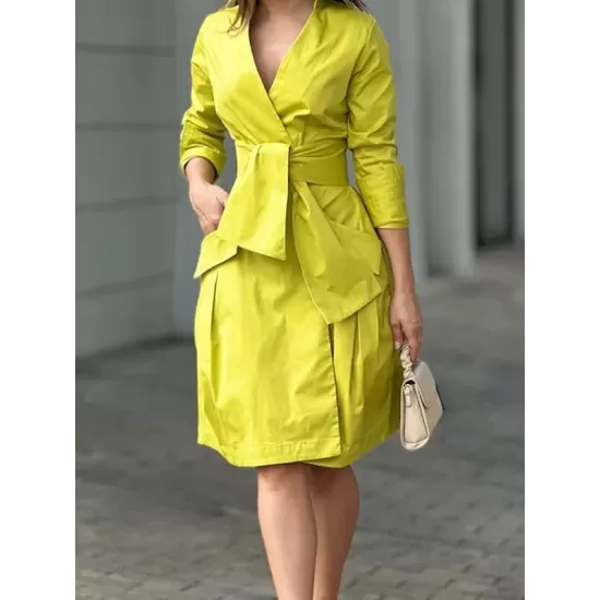 Long Sleeves Solid Color Tied Waist Deep V-Neck Mini Dresses Long Sleeves Solid Color Tied Waist Deep V-Neck Mini Dresses