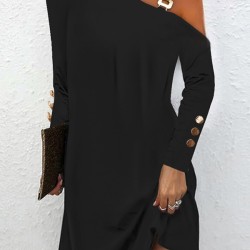 Asymmetric Buckle Buttoned Hollow Long Sleeves Loose One-Shoulder Mini Dresses