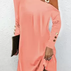 Asymmetric Buckle Buttoned Hollow Long Sleeves Loose One-Shoulder Mini Dresses