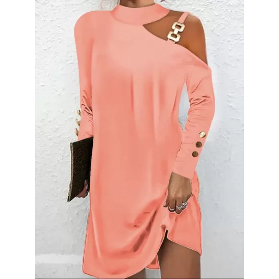 Asymmetric Buckle Buttoned Hollow Long Sleeves Loose One-Shoulder Mini Dresses Asymmetric Buckle Buttoned Hollow Long Sleeves Loose One-Shoulder Mini Dresses