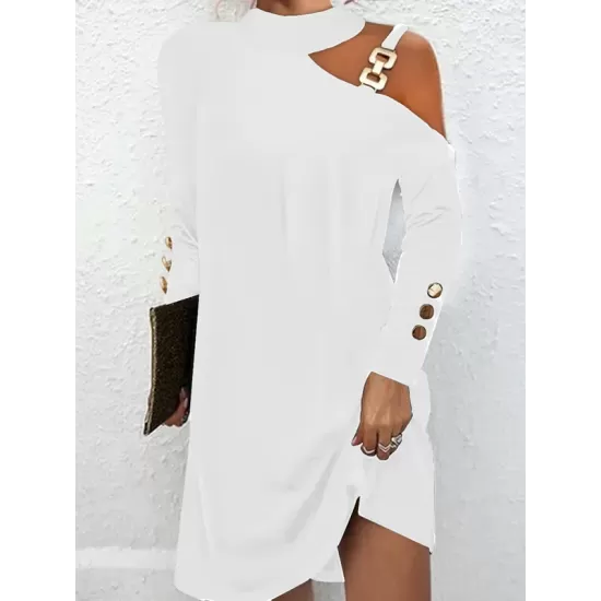 Asymmetric Buckle Buttoned Hollow Long Sleeves Loose One-Shoulder Mini Dresses Asymmetric Buckle Buttoned Hollow Long Sleeves Loose One-Shoulder Mini Dresses