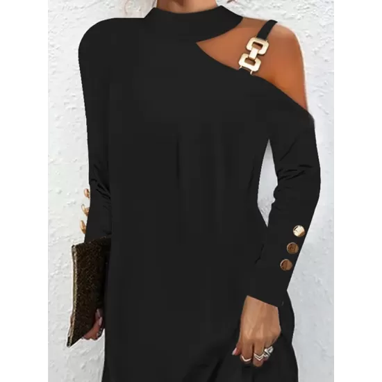 Asymmetric Buckle Buttoned Hollow Long Sleeves Loose One-Shoulder Mini Dresses Asymmetric Buckle Buttoned Hollow Long Sleeves Loose One-Shoulder Mini Dresses