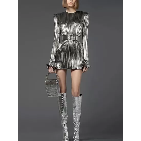 Belted Pleated Solid Color A-Line Flared Sleeves Round-Neck Mini Dresses Belted Pleated Solid Color A-Line Flared Sleeves Round-Neck Mini Dresses