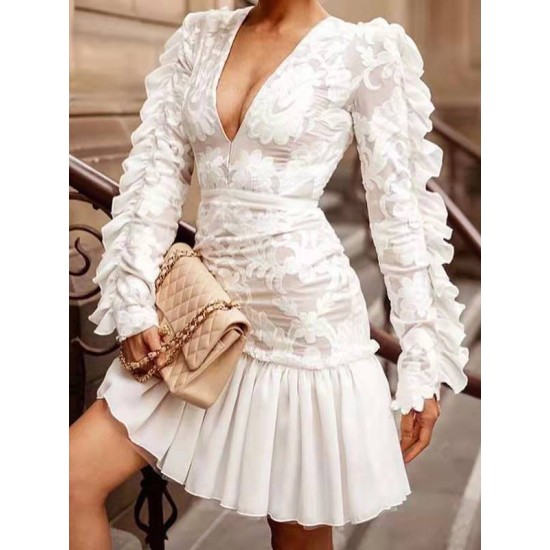 Embroidered Pleated Ruffled Solid Color Split-Joint Long Sleeves Plus Size Deep V-Neck Mini Dresses Embroidered Pleated Ruffled Solid Color Split-Joint Long Sleeves Plus Size Deep V-Neck Mini Dresses