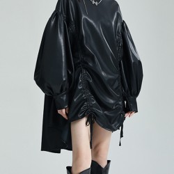Drawstring Pleated Solid Color High-Low Long Sleeves Stand Collar Mini Dresses