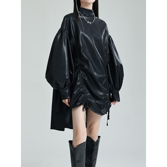 Drawstring Pleated Solid Color High-Low Long Sleeves Stand Collar Mini Dresses Drawstring Pleated Solid Color High-Low Long Sleeves Stand Collar Mini Dresses