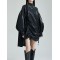 Drawstring Pleated Solid Color High-Low Long Sleeves Stand Collar Mini Dresses