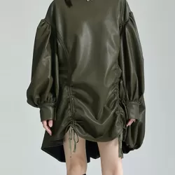 Drawstring Pleated Solid Color High-Low Long Sleeves Stand Collar Mini Dresses