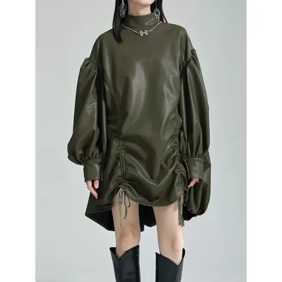 Drawstring Pleated Solid Color High-Low Long Sleeves Stand Collar Mini Dresses Drawstring Pleated Solid Color High-Low Long Sleeves Stand Collar Mini Dresses