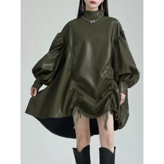 Drawstring Pleated Solid Color High-Low Long Sleeves Stand Collar Mini Dresses Drawstring Pleated Solid Color High-Low Long Sleeves Stand Collar Mini Dresses
