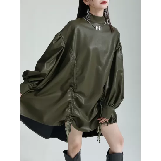 Drawstring Pleated Solid Color High-Low Long Sleeves Stand Collar Mini Dresses Drawstring Pleated Solid Color High-Low Long Sleeves Stand Collar Mini Dresses