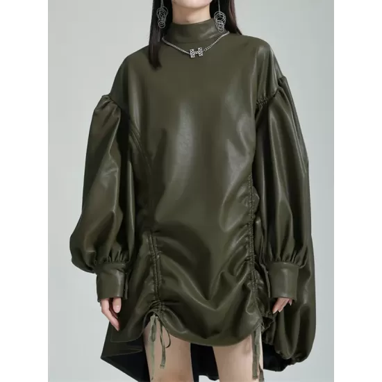 Drawstring Pleated Solid Color High-Low Long Sleeves Stand Collar Mini Dresses Drawstring Pleated Solid Color High-Low Long Sleeves Stand Collar Mini Dresses