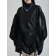 Drawstring Pleated Solid Color High-Low Long Sleeves Stand Collar Mini Dresses Drawstring Pleated Solid Color High-Low Long Sleeves Stand Collar Mini Dresses