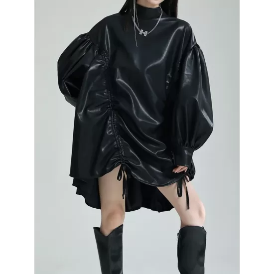 Drawstring Pleated Solid Color High-Low Long Sleeves Stand Collar Mini Dresses Drawstring Pleated Solid Color High-Low Long Sleeves Stand Collar Mini Dresses