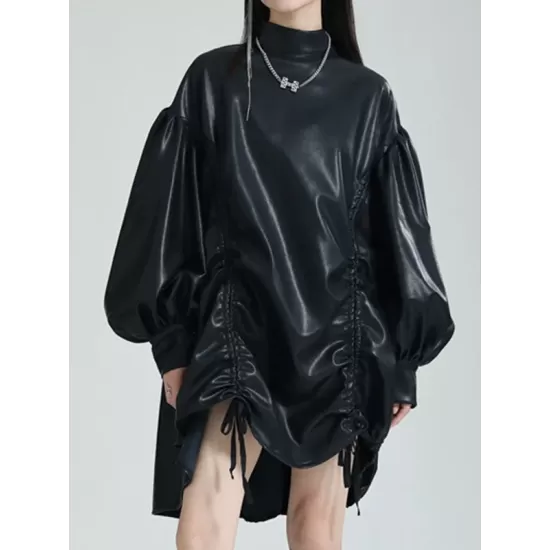 Drawstring Pleated Solid Color High-Low Long Sleeves Stand Collar Mini Dresses Drawstring Pleated Solid Color High-Low Long Sleeves Stand Collar Mini Dresses