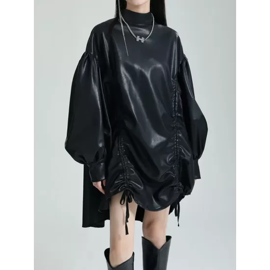 Drawstring Pleated Solid Color High-Low Long Sleeves Stand Collar Mini Dresses Drawstring Pleated Solid Color High-Low Long Sleeves Stand Collar Mini Dresses