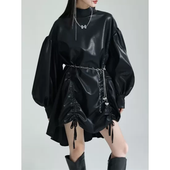 Drawstring Pleated Solid Color High-Low Long Sleeves Stand Collar Mini Dresses Drawstring Pleated Solid Color High-Low Long Sleeves Stand Collar Mini Dresses