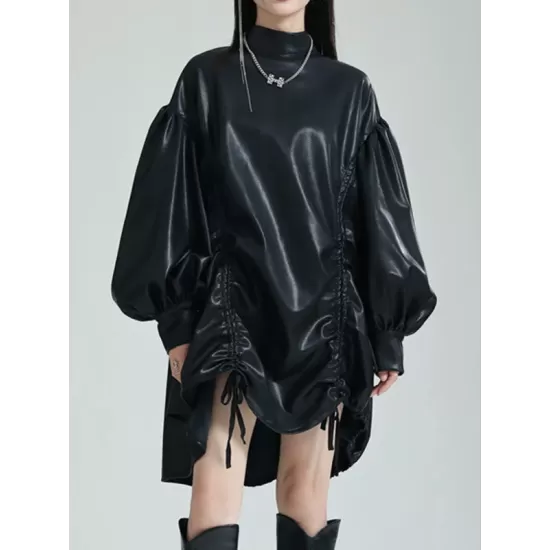 Drawstring Pleated Solid Color High-Low Long Sleeves Stand Collar Mini Dresses Drawstring Pleated Solid Color High-Low Long Sleeves Stand Collar Mini Dresses