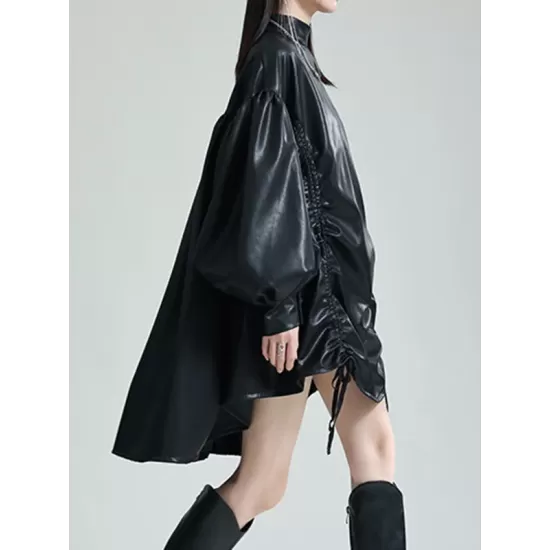 Drawstring Pleated Solid Color High-Low Long Sleeves Stand Collar Mini Dresses Drawstring Pleated Solid Color High-Low Long Sleeves Stand Collar Mini Dresses