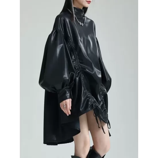 Drawstring Pleated Solid Color High-Low Long Sleeves Stand Collar Mini Dresses Drawstring Pleated Solid Color High-Low Long Sleeves Stand Collar Mini Dresses