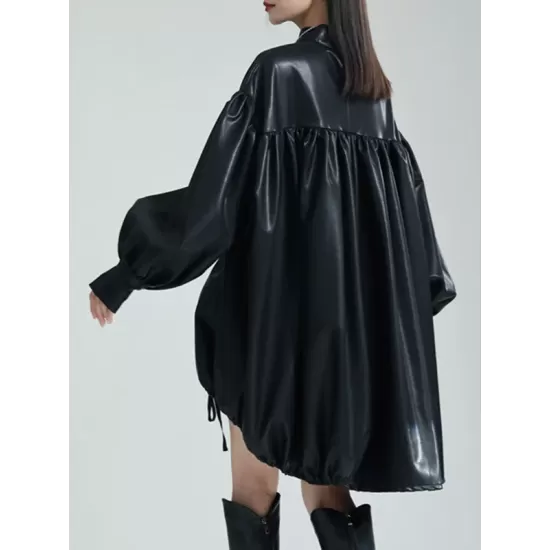 Drawstring Pleated Solid Color High-Low Long Sleeves Stand Collar Mini Dresses Drawstring Pleated Solid Color High-Low Long Sleeves Stand Collar Mini Dresses