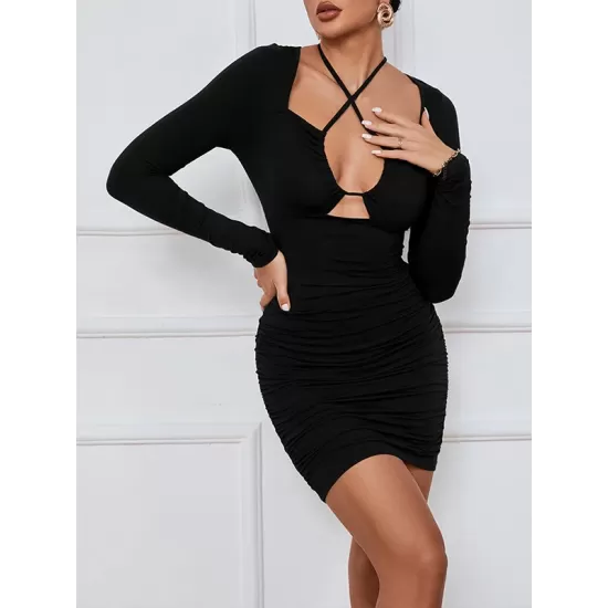 Hollow Pleated Solid Color Bodycon Long Sleeves Deep V-Neck Mini Dresses Hollow Pleated Solid Color Bodycon Long Sleeves Deep V-Neck Mini Dresses