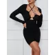 Hollow Pleated Solid Color Bodycon Long Sleeves Deep V-Neck Mini Dresses Hollow Pleated Solid Color Bodycon Long Sleeves Deep V-Neck Mini Dresses