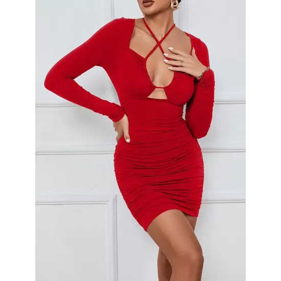 Hollow Pleated Solid Color Bodycon Long Sleeves Deep V-Neck Mini Dresses Hollow Pleated Solid Color Bodycon Long Sleeves Deep V-Neck Mini Dresses