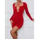 Hollow Pleated Solid Color Bodycon Long Sleeves Deep V-Neck Mini Dresses Hollow Pleated Solid Color Bodycon Long Sleeves Deep V-Neck Mini Dresses