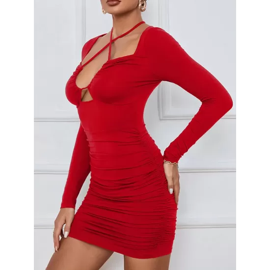 Hollow Pleated Solid Color Bodycon Long Sleeves Deep V-Neck Mini Dresses Hollow Pleated Solid Color Bodycon Long Sleeves Deep V-Neck Mini Dresses