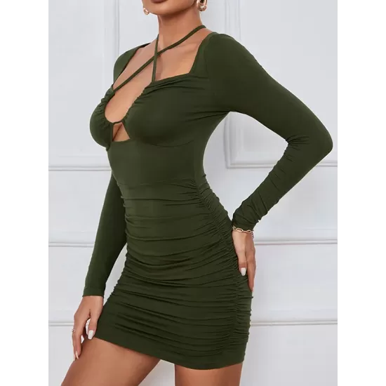 Hollow Pleated Solid Color Bodycon Long Sleeves Deep V-Neck Mini Dresses Hollow Pleated Solid Color Bodycon Long Sleeves Deep V-Neck Mini Dresses