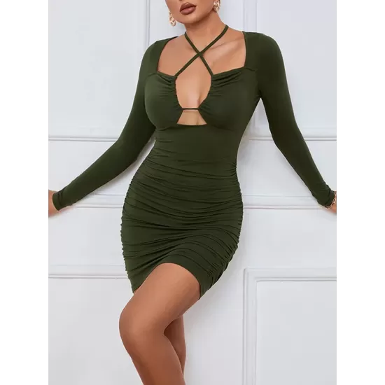 Hollow Pleated Solid Color Bodycon Long Sleeves Deep V-Neck Mini Dresses Hollow Pleated Solid Color Bodycon Long Sleeves Deep V-Neck Mini Dresses