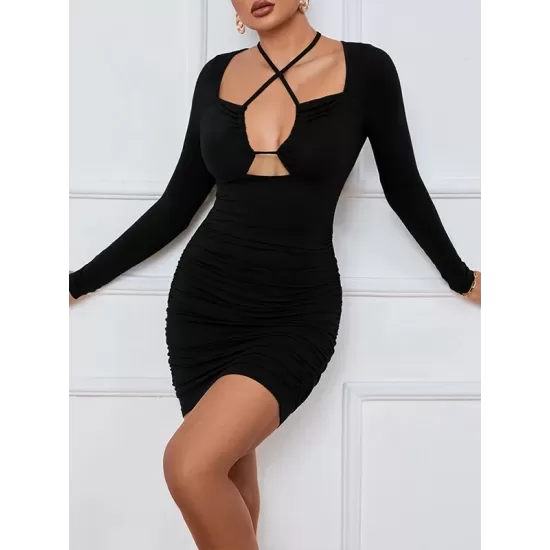 Hollow Pleated Solid Color Bodycon Long Sleeves Deep V-Neck Mini Dresses Hollow Pleated Solid Color Bodycon Long Sleeves Deep V-Neck Mini Dresses