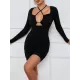 Hollow Pleated Solid Color Bodycon Long Sleeves Deep V-Neck Mini Dresses Hollow Pleated Solid Color Bodycon Long Sleeves Deep V-Neck Mini Dresses