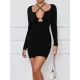 Hollow Pleated Solid Color Bodycon Long Sleeves Deep V-Neck Mini Dresses Hollow Pleated Solid Color Bodycon Long Sleeves Deep V-Neck Mini Dresses