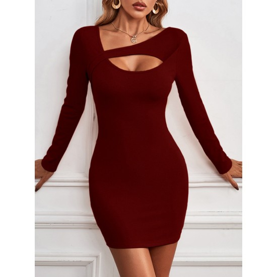 Asymmetric Hollow Solid Color Bodycon Long Sleeves Asymmetric Collar Mini Dresses Asymmetric Hollow Solid Color Bodycon Long Sleeves Asymmetric Collar Mini Dresses