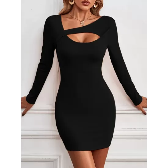 Asymmetric Hollow Solid Color Bodycon Long Sleeves Asymmetric Collar Mini Dresses Asymmetric Hollow Solid Color Bodycon Long Sleeves Asymmetric Collar Mini Dresses