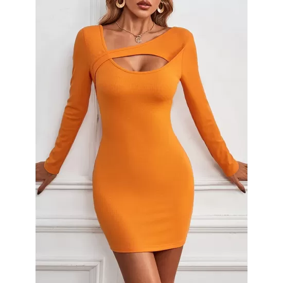 Asymmetric Hollow Solid Color Bodycon Long Sleeves Asymmetric Collar Mini Dresses Asymmetric Hollow Solid Color Bodycon Long Sleeves Asymmetric Collar Mini Dresses