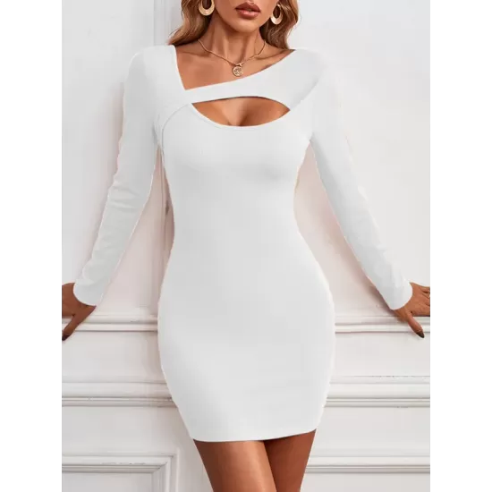 Asymmetric Hollow Solid Color Bodycon Long Sleeves Asymmetric Collar Mini Dresses Asymmetric Hollow Solid Color Bodycon Long Sleeves Asymmetric Collar Mini Dresses