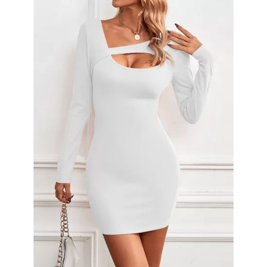 Asymmetric Hollow Solid Color Bodycon Long Sleeves Asymmetric Collar Mini Dresses Asymmetric Hollow Solid Color Bodycon Long Sleeves Asymmetric Collar Mini Dresses