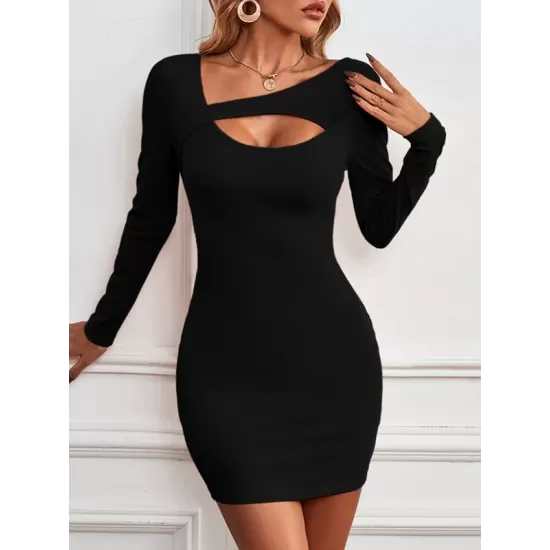 Asymmetric Hollow Solid Color Bodycon Long Sleeves Asymmetric Collar Mini Dresses Asymmetric Hollow Solid Color Bodycon Long Sleeves Asymmetric Collar Mini Dresses