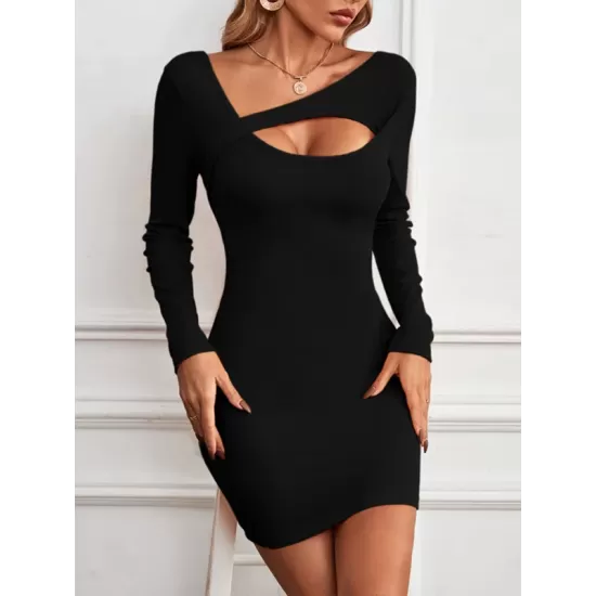 Asymmetric Hollow Solid Color Bodycon Long Sleeves Asymmetric Collar Mini Dresses Asymmetric Hollow Solid Color Bodycon Long Sleeves Asymmetric Collar Mini Dresses