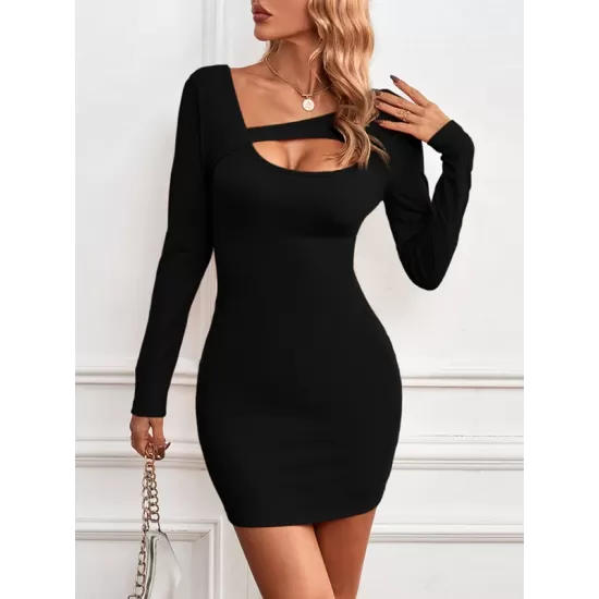 Asymmetric Hollow Solid Color Bodycon Long Sleeves Asymmetric Collar Mini Dresses Asymmetric Hollow Solid Color Bodycon Long Sleeves Asymmetric Collar Mini Dresses