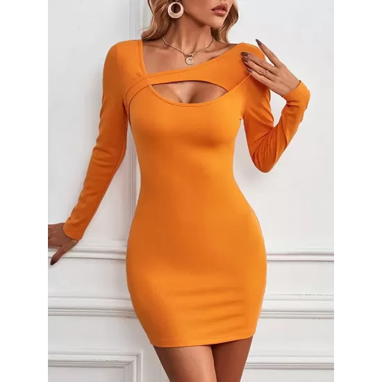 Asymmetric Hollow Solid Color Bodycon Long Sleeves Asymmetric Collar Mini Dresses Asymmetric Hollow Solid Color Bodycon Long Sleeves Asymmetric Collar Mini Dresses